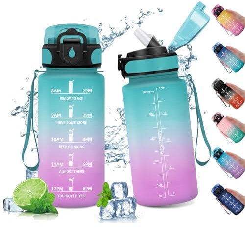 Trinkflasche 500ml, Sport Trinkflasche Kohlensäure Geeignet, Wasserflasche Auslaufsicher, Trinkflasche Fahrrad mit Zeitmarkierung, für Kinder, Outdoor, Erwachsener, Büro, Sport, Fitness, Yoga