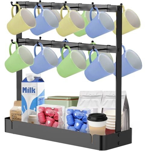 SuQurtom Metal Coffee Mug Holder Stand - 16 Hooks 2-Tier Mug Tree Rack with Storage Base, Countertop Organizer for Kitchen, Coffee Bar, Tea Cups Display, Black