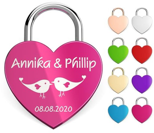Cadenas en forme de cœur avec gravure - Cadenas d'amour personnalisé en rose - Personnalisable avec nom, date et motif - Cadeau romantique pour mariage, Saint-Valentin et couples