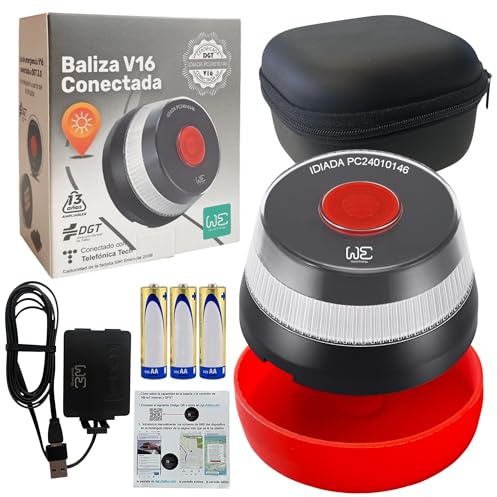 Kit di sicurezza con faro di emergenza V16 geolocalizzato e collegato DGT 3.0 - Include adattatore, cavo di alimentazione e custodia antiurto