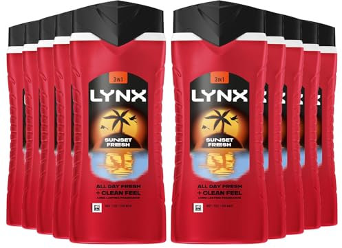 Lynx Body Wash Multipack Sunset Fresh 3-in-1 Men's Shower Gel for Hair, Face & Body 12H Sweat and Odour Protection Energising Mango and Mandarin Scent 225ml, 10 Pack