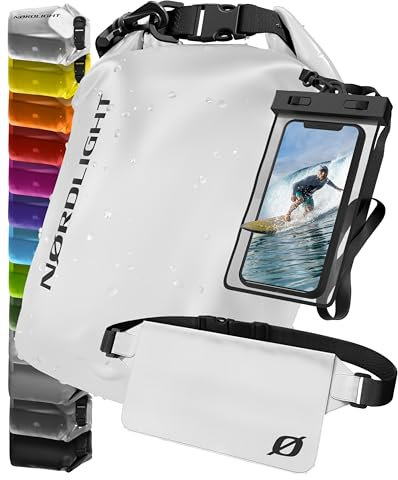 Nordlight wasserdichte Tasche 3er Set (Weiß) - Dry Bag 30l + wasserdichte Handyhülle + wasserdichte Hüfttasche | IPX8 Schutz | Mit Verstellbaren Gurten Für Strand, Stand Up Paddling