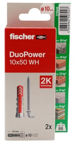 fischer - Duopower 10x50 Con Alcayata - 2U, Tacos para pared multimaterial, sirven para Colgar Bicicletas, Cuadros, Armarios, Soportes de Televisión, Estanterías, Muebles.