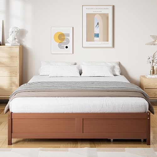 Crlnaup Kinderbett, Flachbetten, Holzbetten, Vintage-Holzfarben, Zwei Schubladen mit Rollen, Heranwachsende und Erwachsene, Rahmen aus Kiefer, Stabile Lattenroste, Kiefer+MDF, Rotbraun, 140x200cm