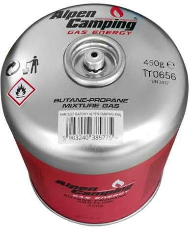 Alpen Camping 450 g Gaskartusche EN 417 Propan‑Butan 7/16″ Gewinde – für Kocher Outdoor Brenner Zeltlager Reise – zertifiziert PI 0437 – Einsatz von – 10 °C bis + 40 °C (1 Stück)