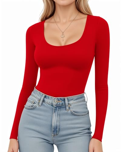 ALGALAROUND Women's Long Sleeve Scoop Neck Tops UK | T-shirts Shirt Slim Fit Ladies Top Going Out Basic Sexy Shirt Winter Tee Clothes