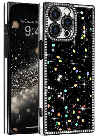 LAPOPNUT for iPhone 14 Pro Max Case,Cute Bling Sequin Glitter Sparkly Rhinestones Rectangle Edge Phone Case for Girls Women,Crystal Diamond Full Camera Protective Shockproof TPU Bumper Cover,Black