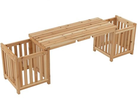 COSTWAY 2-in-1 Wooden Planter & Bench, Raised Garden Bed Bench Combination with 2 Side Planter Boxes & Slatted Seat, Outdoor Seat Flower Pot Container for Patio Backyard Balcony