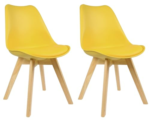 WOLTU Sedie da Pranzo Set di 2, Sedie da Cucina, in Legno Massello e Pelle Sintetica, Capacità di Carico 150 kg, Giallo, BH29gb-2