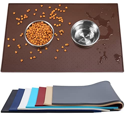 VIVAGLORY Dog & Cat Feeding Mat, Non-Slip Waterproof Silicone Mat with Raised Edge - L(60x40cm), Chocolate