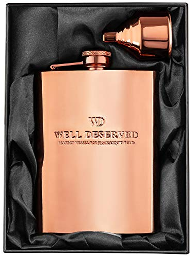 Set of Copper Flask 8oz, Funnel, Pouch, Gift Box. Gift Ideas for Copper 7th Anniversary for Men, Women, Him, Her. Engraved Well-Deserved. Rose Gold Flask