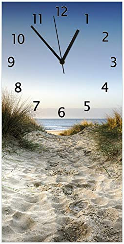 Wallario Design-Wanduhr, Acrylglasuhr Größe 30 x 60 cm, Schwarze Zeiger, Motiv Weg durch die Dünen zum Strand am Meer