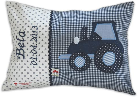 Glückspilz Namenskissen Babykissen I Traktor Trecker I Dekokissen Kind mit Namen Bestickt personalisiert I Blau I 30 x 45 cm