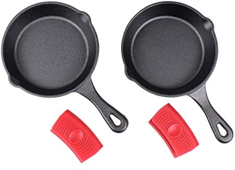6 Cast Iron Skillet Set of 2 (Pre-Seasoned) with 2 Silicon Hot Handle Holder Grips