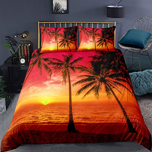 Loussiesd Tropical Bedding Set Single Size Palm Trees Theme Comforter Cover Beach Sun Duvet Cover Set with 1 Pillowcases Soft Microfiber Zipper Decorative Orange Black Quilt Cover 2 Piece Lightweight