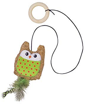 Nobby Kork Eule mit Catnip, mit Holzring grün Band mit Spielzeug 7,5/55 cm