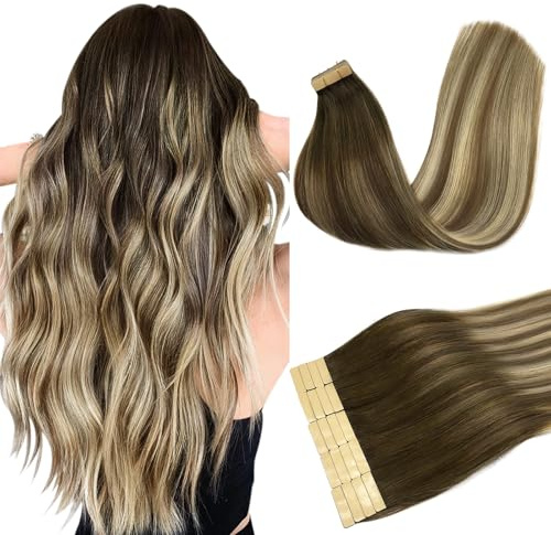 DOORES Real Hair Extensions Tape in Balayage Walnut Brown to Ash Brown and Bleach Blonde 22 Inch 20pcs 50g Tape in Human Hair Extensions Straight