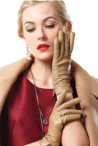 NappaNovum Damen Italienische Lederhandschuhe Lammfell Winter Komfort Handschuhe (Touchscreen oder ohne Touchscreen), camel, Medium