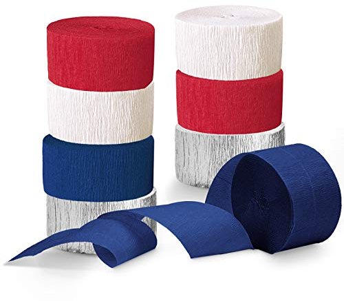 NICROLANDEE Patriotic Decorations - 8 Rolls Red White Blue Crepe Paper Streamers for Birthday, Wedding, Royal Theme, Sporting Events, British Royal Coronation Party Supplies