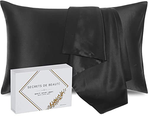 Taie d'oreiller 100% Soie Naturelle de mûrier 25 Momme Qualité supérieure Grade 6A sans Produit Chimique,Bio- Peau Sensible,Cheveux Afro,Bouclés,Gras,Antichute Cadeau (Noire, 65x65cm)