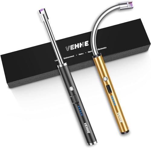 VEHHE 2 Pack Rechargeable Electric Lighter with LED Battery Display Safety Switch, Flexible Neck USB Lighter for Candles, Camping, Grill, Stoves, Cooking (Black and Gold)