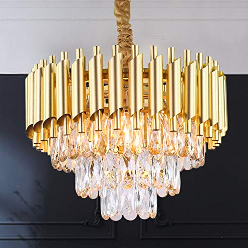 Moderne Pendelleuchte 3 Ebenen Regentropfen Kristall Kronleuchter Leuchte Runde Kronleuchter Unterputz Deckenbeleuchtung für Wohnzimmer Esszimmer Schlafzimmer Restaurant,E14*5 Licht,Gold…