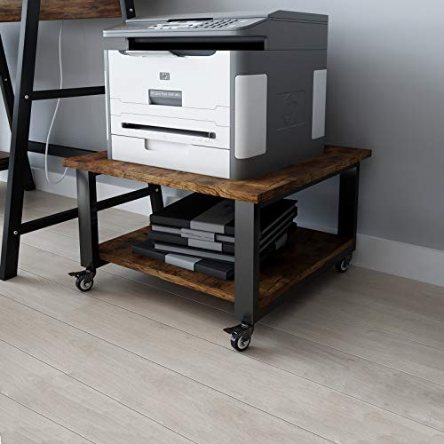 PUNCIA 2-Ebene Druckertisch mit Universalrollen 50 x 50 x 30 cm mobiler Druckerständer aus Holz & Metall Druckerwagen Aufbewahrungsregal bis zu 70 kg belastbar für Büro Zuhause Office Schule Retro