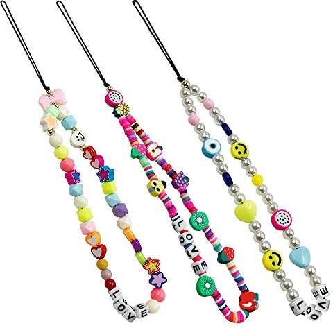 lyfLux 3 correas de muñeca con cuentas para teléfono, cara sonriente, fruta, estrella, perla, hecha a mano, color arcoíris, arcilla polimérica, cuentas acrílicas, accesorios de perlas para llavero