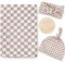 LifeTree Neugeborenes Swaddle Set mit passendem Hut und Stirnband Schleife, Holz Geburt Ankündigungskarte, Musselin Baby Swaddle Decken für Jungen & Mädchen, Kaffee Schachbrettmuster
