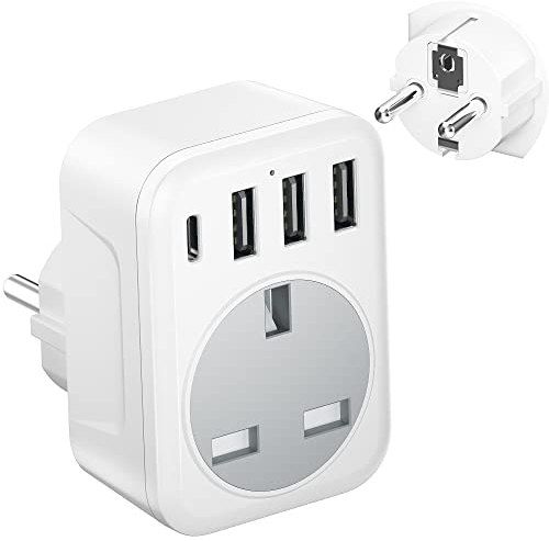 UK to European Plug Adapter with 4 USB Ports, FSTravelP Grounded European Travel Adapter with 3 USB-A & 1 Type C Plug Adaptor UK to EU Travel Plug for Germany France Spain Greece Poland (Type E/F)