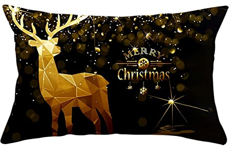 Dsnyu Kissenbezug Deko Weihnachten, Merry Christmas Elch-Schneeflocke Polyester Kissenhülle, Schwarz Gold Weihnachts Kissenbezüge für Terrassen 30x50cm