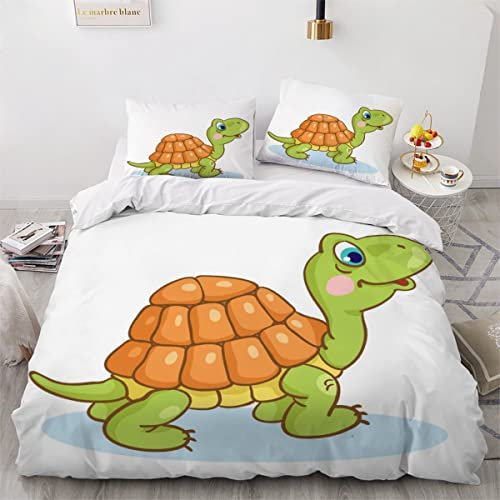Lustige Kleine Schildkröte Bettwäsche 135×200 Mikrofaser 3d Druck Cartoon-Tiere Bettbezug mit Reißverschluss Für Kinder Zimmer Dekor Jungen Mädchen 3 Teilig Bettwäsche Set mit 2 Kissenbezüge 80×80 cm