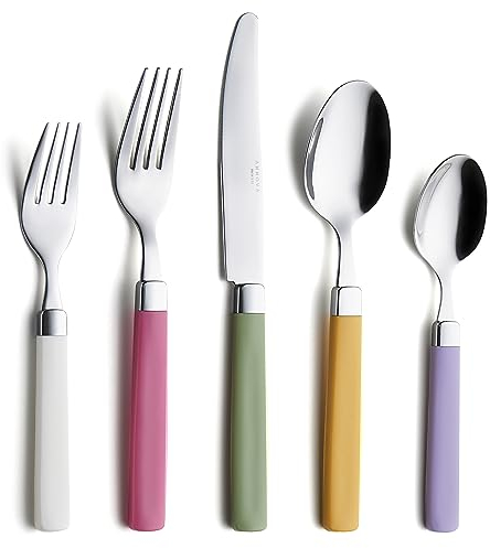 ANNOVA Juego de cubiertos de acero inoxidable de 20 piezas, asas de color, 4 tenedores de cena, 4 tenedores de ensalada, 4 cuchillos de cena, 4 cucharas de cena, 4 cucharas de postre, servicio para 4