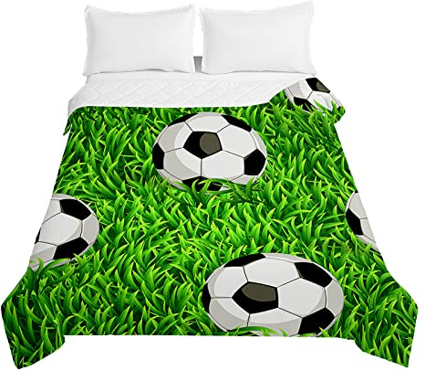 Odot Fußball Steppdecke Tagesdecke Gesteppte Bettüberwurf für Doppelbett Einzelbett Kinder Bettdecke Stepp Decke Tagesdecken Wohndecke Alle Jahreszeiten (150x200cm,Grünes Gras)