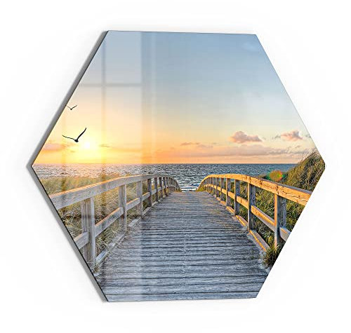 DEQORI Glasbild Echtglas | Motiv Dünenweg zum Meer | sechseckig einteilig 40x34,5 cm | schöne Dekoration | Wandbild für Wohnzimmer, Schlafzimmer, Flur & Küche | moderne Wanddeko