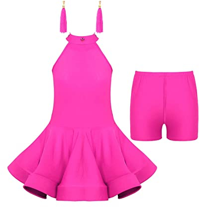 iEFiEL Mädchen Quasten tanzkleid latein Salsa Bauchtanz Outfit Tanzkostüm Crop Top+Rock+Ohrringen+Armstulpen Wettbewerb Pailletten Kleider X Rosa 146-152
