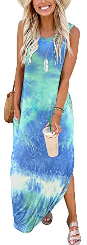 AUSELILY Strandkleider Sommerkleider Maxi Shirtkleid Damen Tank Stil Leichte Maxikleider Lange Damen Gefärbt Blau Grün Weiß L