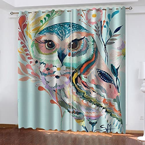 Verdunkelungsvorhange 2Er Set Bemalte Eule Wohnzimmer Kinderzimmer Verdunkelungsvorhang Wärmeisolierte Gardinen Mit Ösen Polyester 3D Effekt Druck Vorhänge 280(B) X250(H) cm