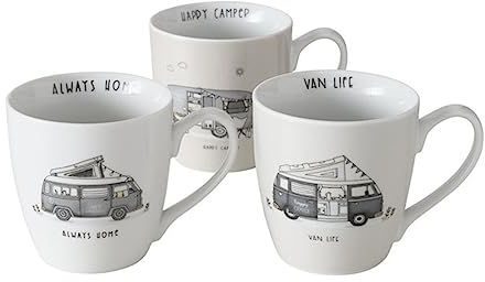 ReWu Porzellanbecher im 3er Set Camping Edition 480ml mit Motiv und Spruch Kaffeebecher Campinggeschirr