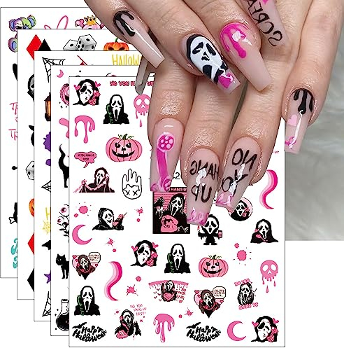 Pink Halloween Valentine's Day Nail Stickers, 10 Sheets Self-Adhesive Nail Decal Pumpkin Ghosts Pink Nail Art Decoration Design Supplies