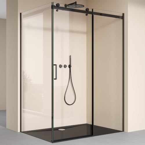 doporro Duschkabine mit Schiebetür 90x120x195cm mit schwarzer Duschtasse | 8mm ESG-Sicherheitsglas Klarglas inkl.Nano-Beschichtung | Rechts-oder Linkseinstieg | Aluminiumrahmen in Schwarz | Ravenna19K