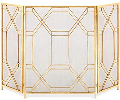 Faltbarer Kaminschutz mit Türen, Netz-Feuerschutz/Ofenschutz für Kamine, 3-teilige Sicherheitsbarriere, freistehend oder an der Wand befestigt (Farbe: Gold) (Gold) The New