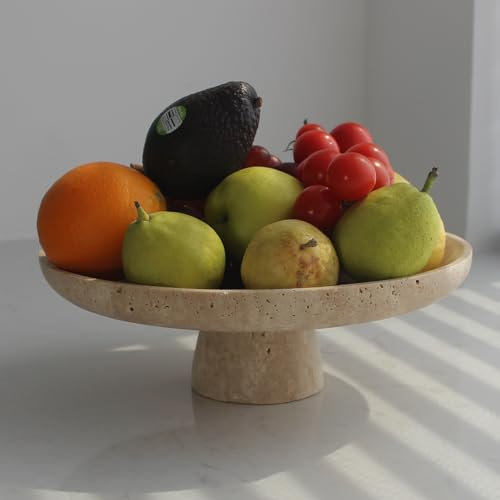 Nawgnail Natural Travertine Fruit Bowl for Kitchen Counter, Large Decorative Bowl Pedestal for Home Decor, Fruits Holder for Dining Table - Kitchen Organization (Beige Travertine)