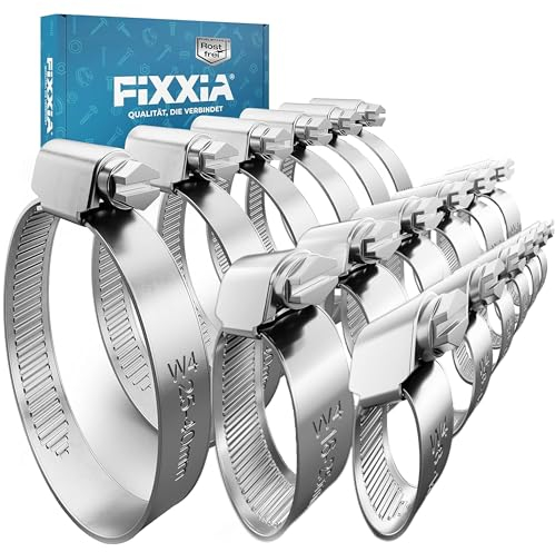 FIXXIA Schlauchschellen Set aus Edelstahl, ⌀ 8-16mm, 16-25mm, 25-40mm, Schraubschelle rostfrei, Schlauchklemmen Sortiment für Waschmaschine, Bad, KFZ, Pool - Mini Bandschelle aus Metall (je 6 Stück)