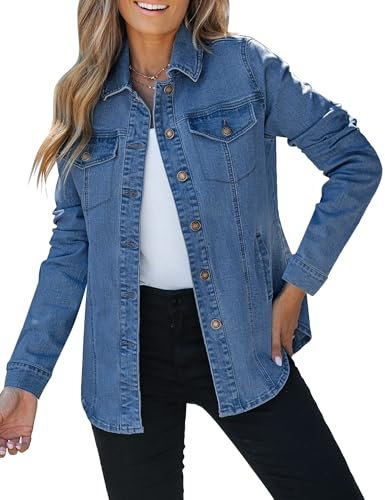 Roskiky Veste en jean pour femme - Veste western surdimensionnée boutonnée avec poches, Bleu classique, M