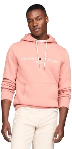 Tommy Hilfiger Felpa con cappuccio da uomo in pile di peso medio con logo ricamato, disponibile anche in taglie grandi e alte, Rosa argilla, Small
