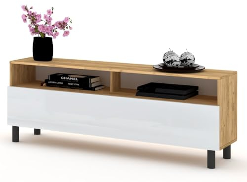 Euro Style TV-Schrank King TV Lowboard Kommode Fernsehschrank Wohzimmer 100/120/140/160cm, Golden Eiche Craft/Weiß Hochglanz 120