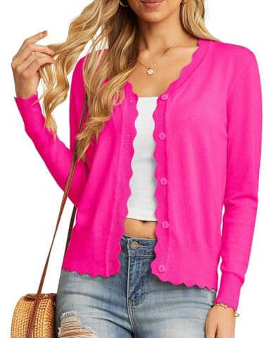 GRECERELLE Gilet tricoté boutonné léger à manches longues et col en V et bord festonné pour femmes, rose vif, XXL