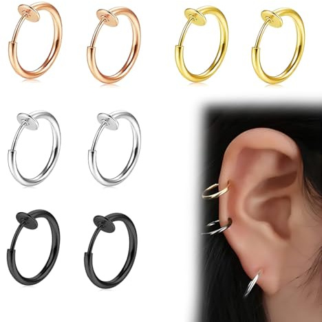 LAKJUOZ 4 Paare Fake Piercing, Fake Nose Ring, Fake Nasen Lippe Septum Ohrring Piercing Ring Clip Chirurgenstahl Kein Piercing Bauchnabelpiercing Clicker