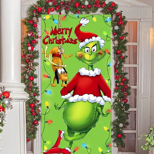 yumcute Decorazione Porta Natale Decorazioni Natalizie per Porta Copertura Grinch Elfi Appeso Striscione Sfondo Tessuto Striscione da Appendare alla Porta d'Ingresso Banner di Sfondo di Natale